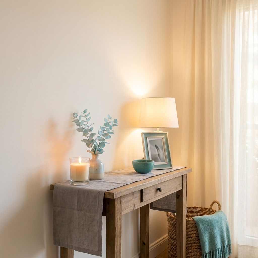 Coin d'accueil chaleureux avec bougie, eucalyptus et lampe douce