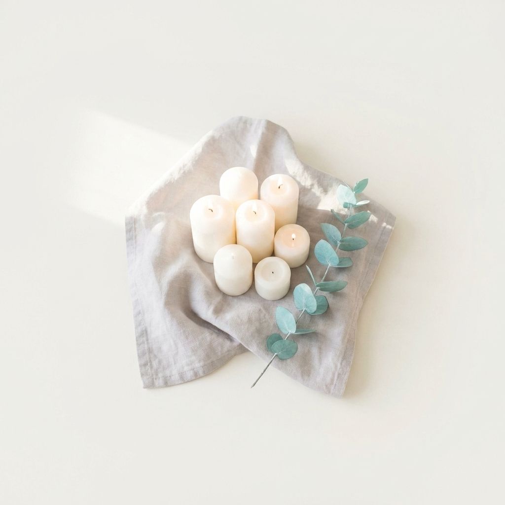 Bougies blanches réunies sur linge gris avec eucalyptus