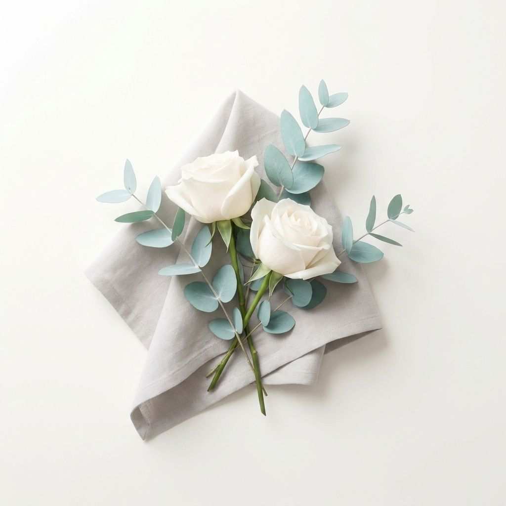 Roses blanches et eucalyptus sur linge gris
