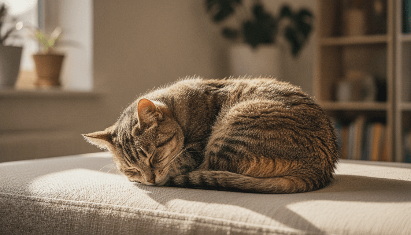A senior tabby cat curled on a sofa in afternoon light