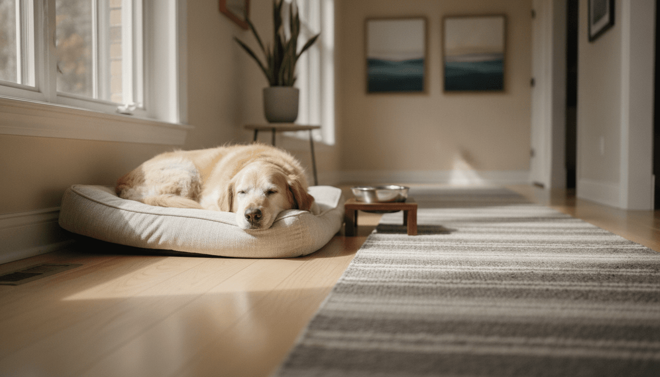 An older dog on an orthopedic bed beside a non-slip runner rug