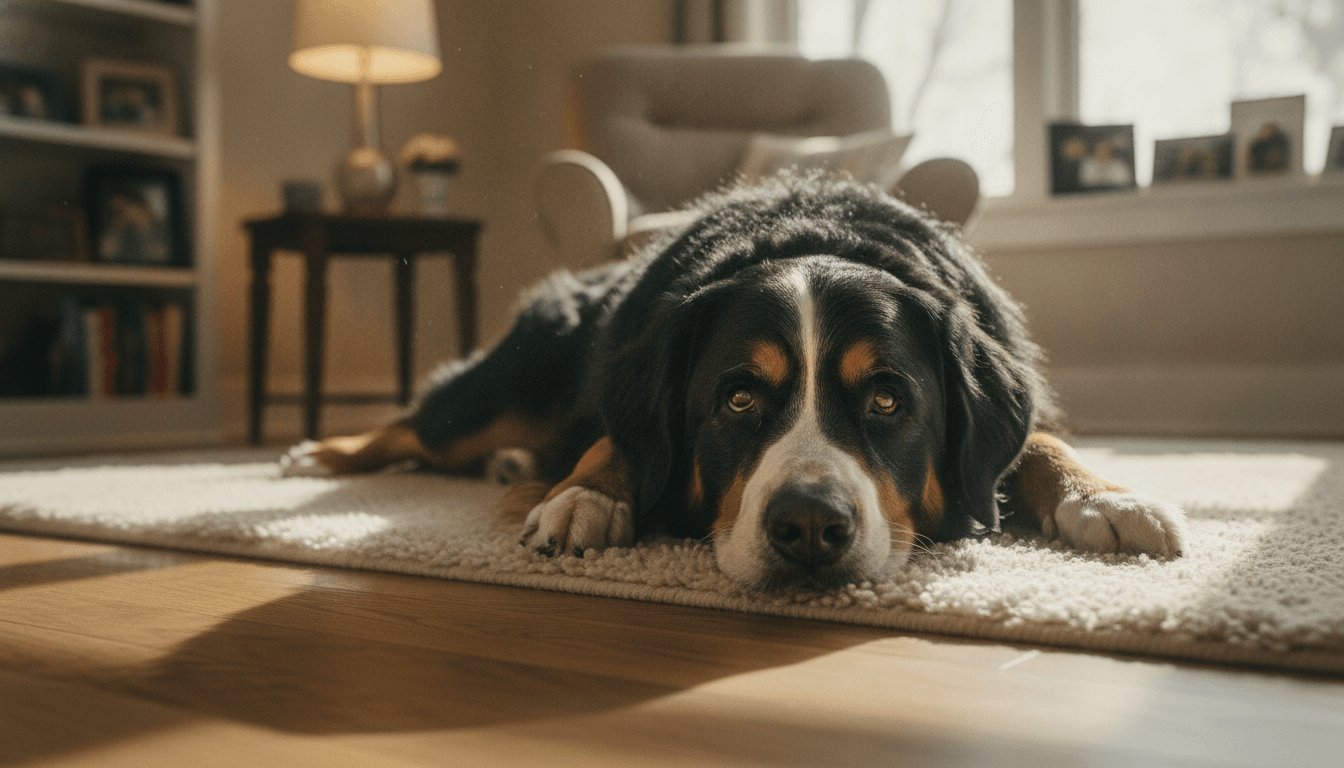 An elderly dog resting on a rug in warm window light