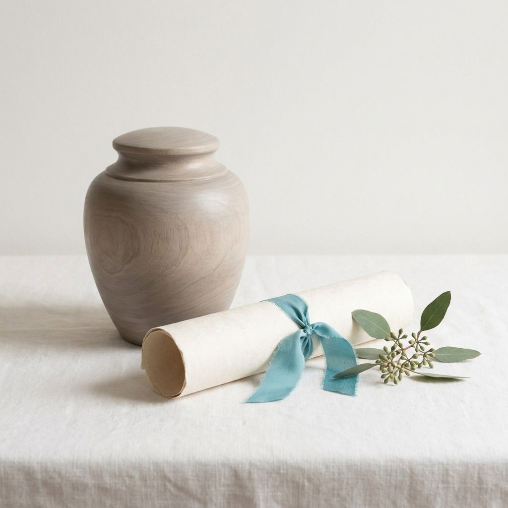Urne en bois pâle, certificat roulé et ruban turquoise