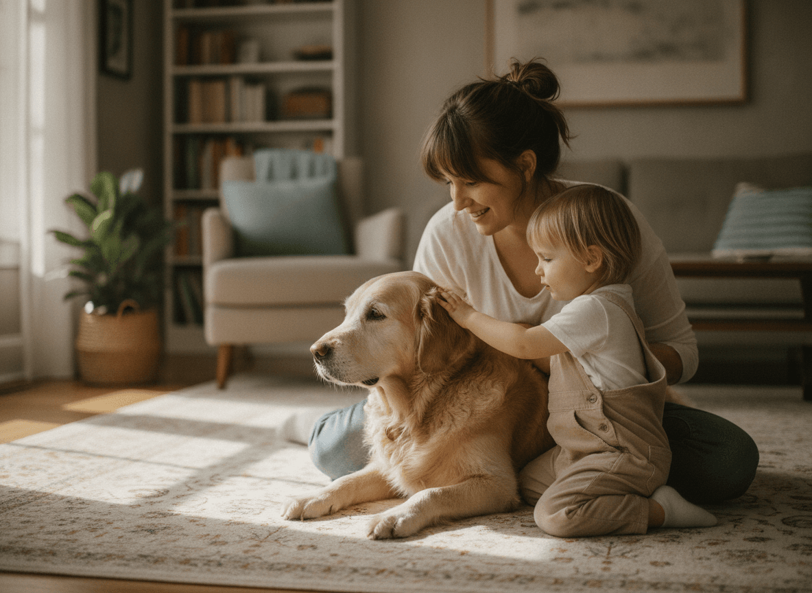 A mother and child sitting on the living room floor with their senior dog