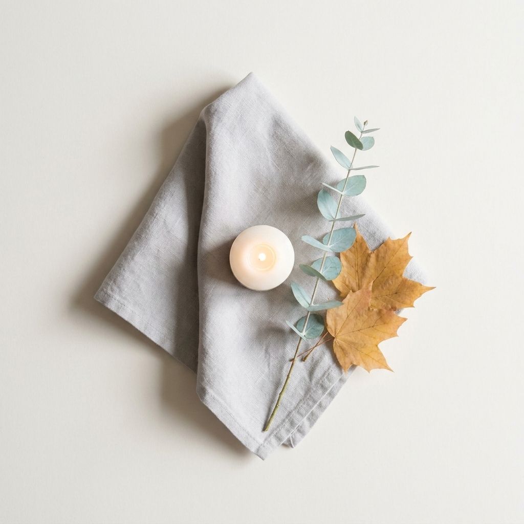 Bougie, eucalyptus et feuille d'érable d'automne sur linge gris