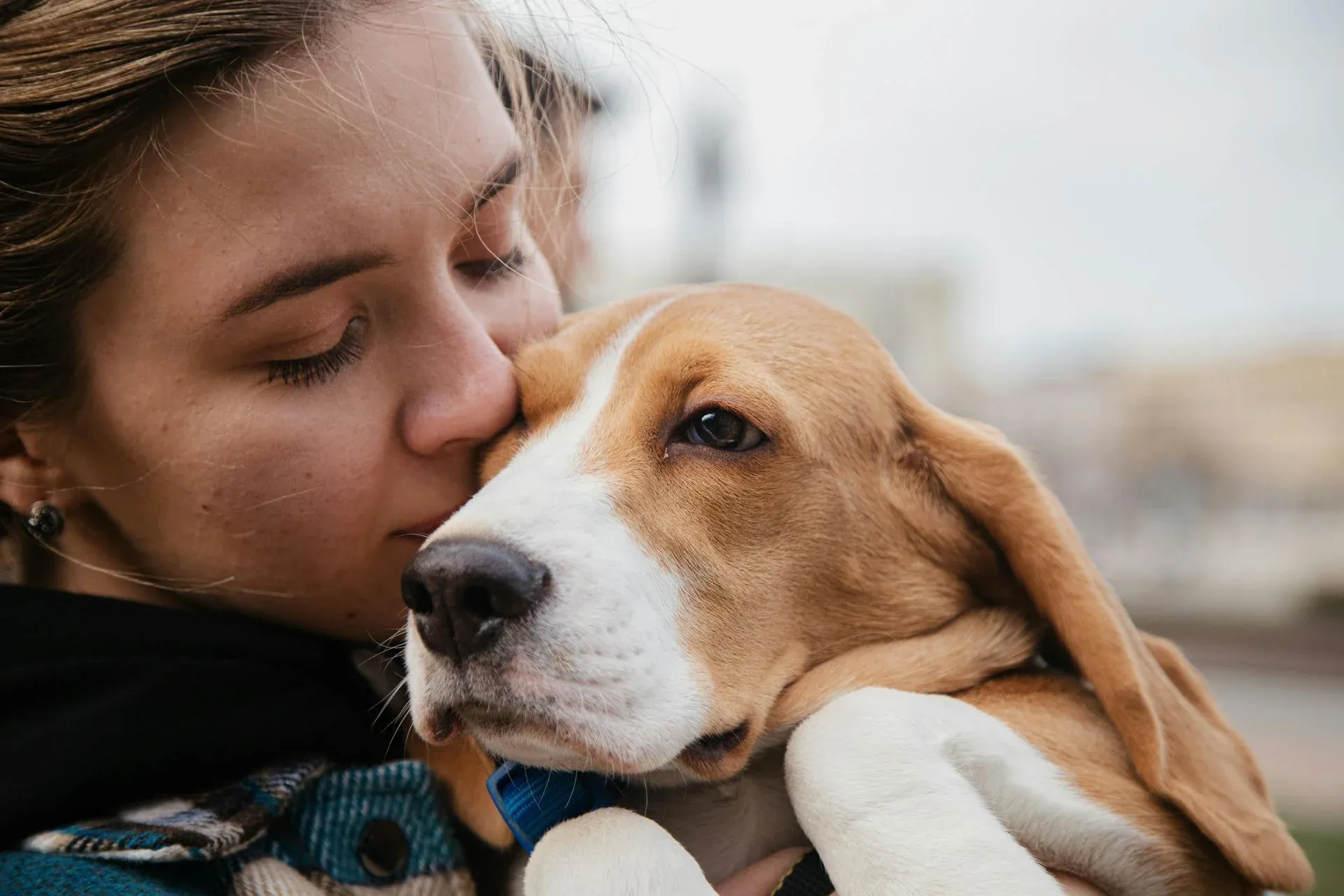 A woman holding her beagle close