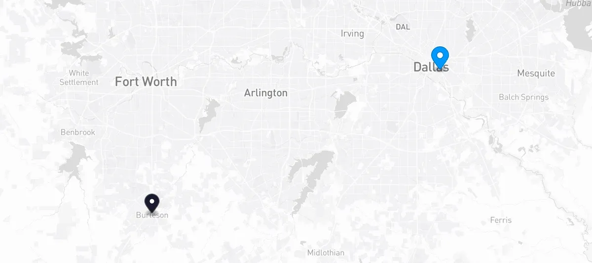 Map showing Dallas County and the Lone Star Pet Services facility in Burleson, Texas