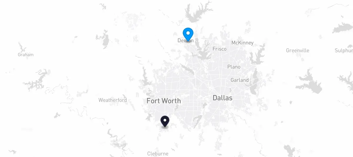 Map showing Denton County and the Lone Star Pet Services facility in Burleson, Texas