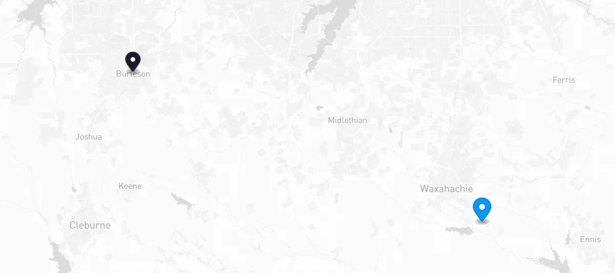 Map showing Ellis County and the Lone Star Pet Services facility in Burleson, Texas