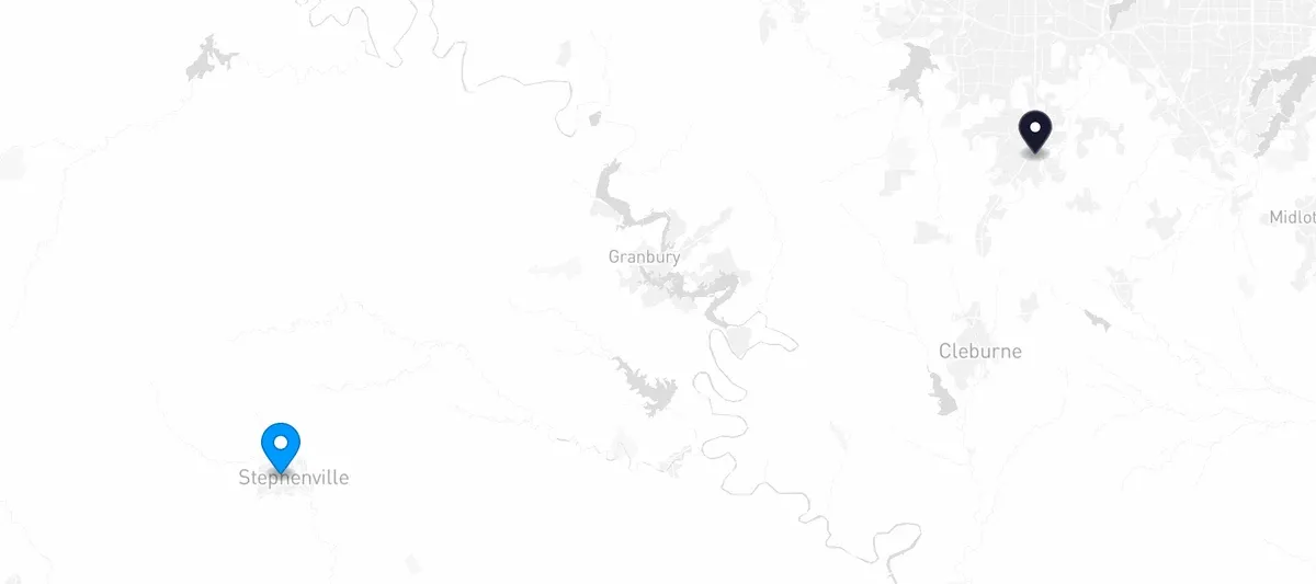 Map showing Erath County and the Lone Star Pet Services facility in Burleson, Texas