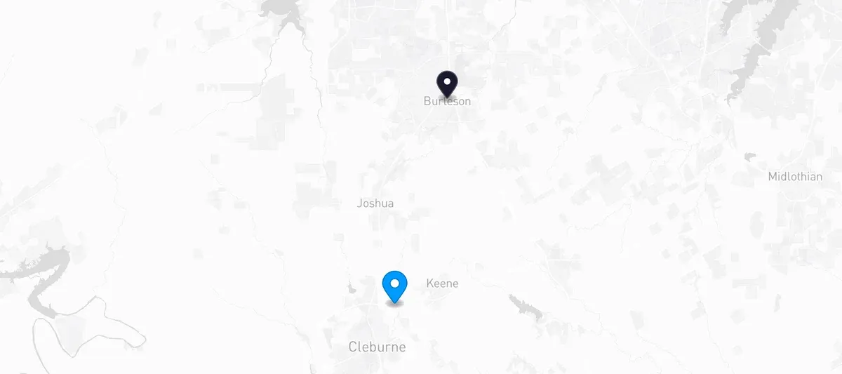 Map showing Johnson County and the Lone Star Pet Services facility in Burleson, Texas