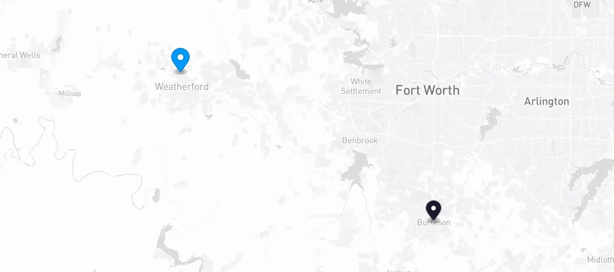 Map showing Parker County and the Lone Star Pet Services facility in Burleson, Texas
