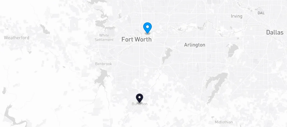 Map showing Tarrant County and the Lone Star Pet Services facility in Burleson, Texas