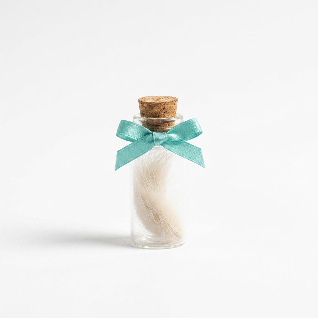 Fiole souvenir avec mèche de poils, fond blanc