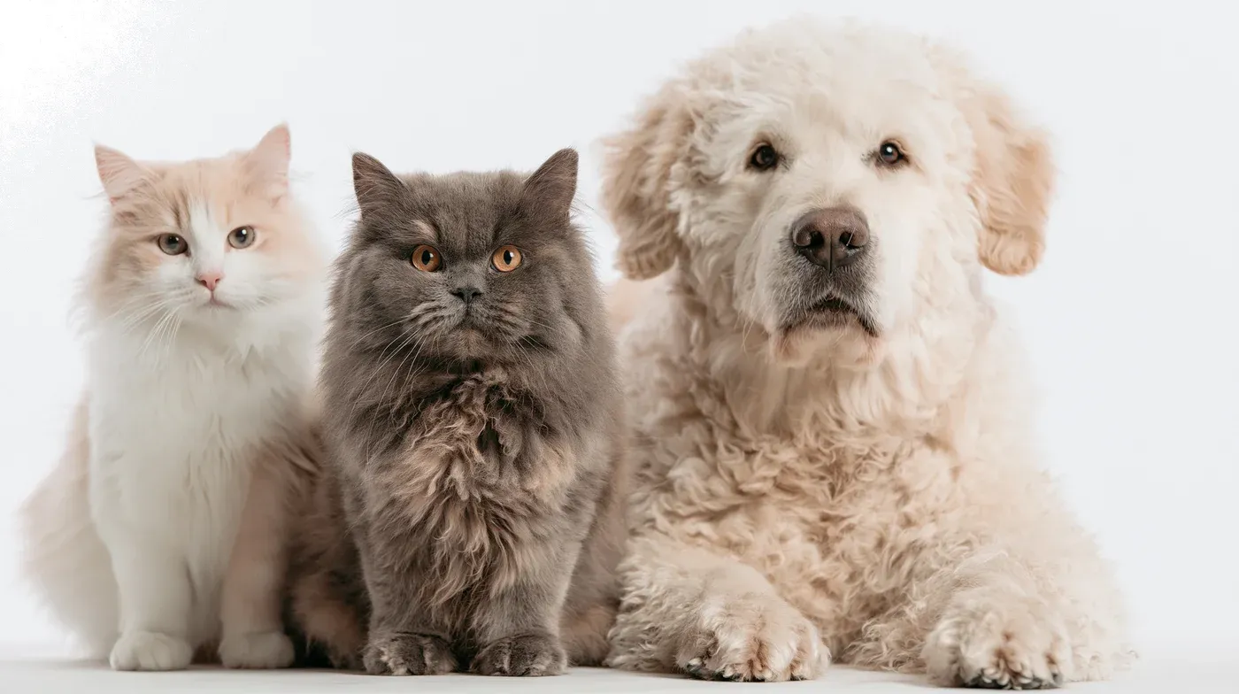 Two cats and a fluffy dog on a white background