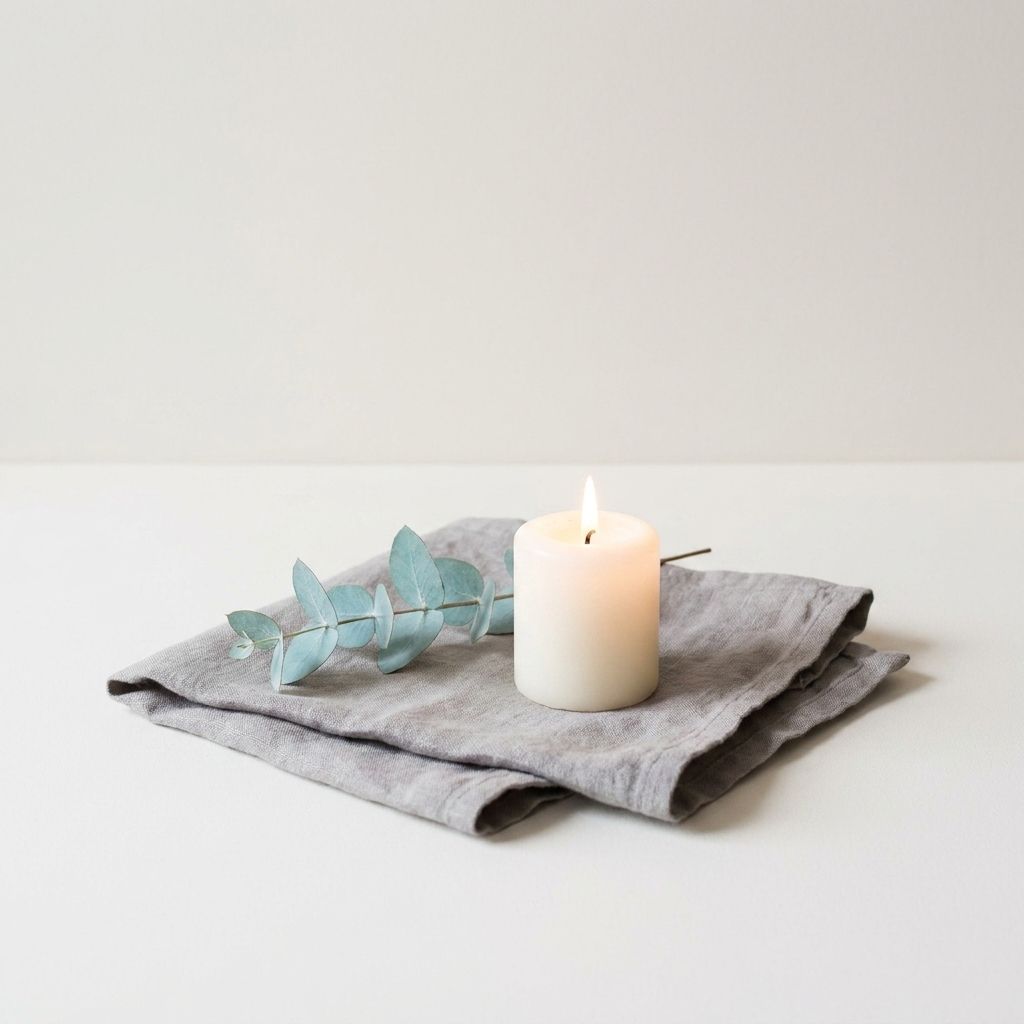 Bougie et eucalyptus sur linge gris