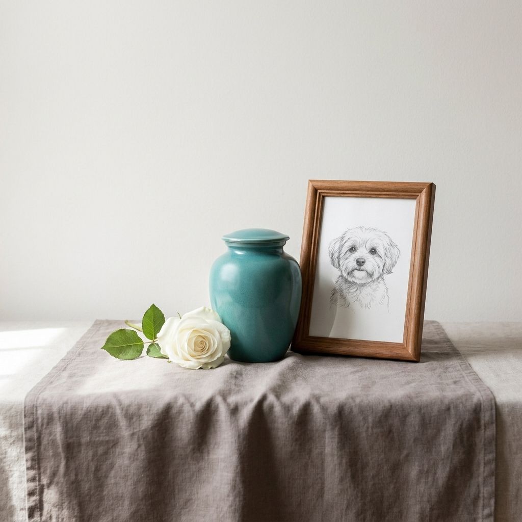 Urne en céramique turquoise, rose blanche et portrait au crayon