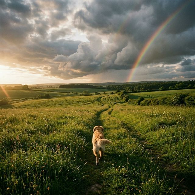 Pet running through meadow with rainbow
