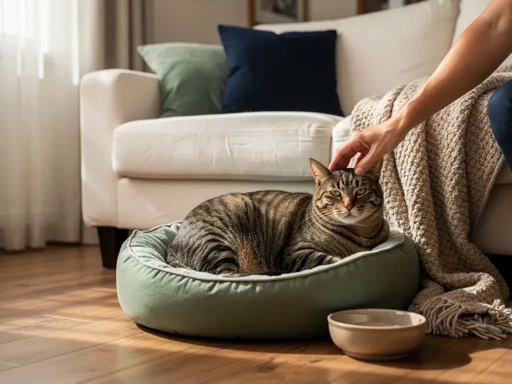Illustration of a relaxed tabby cat being gently stroked in a comfortable bed