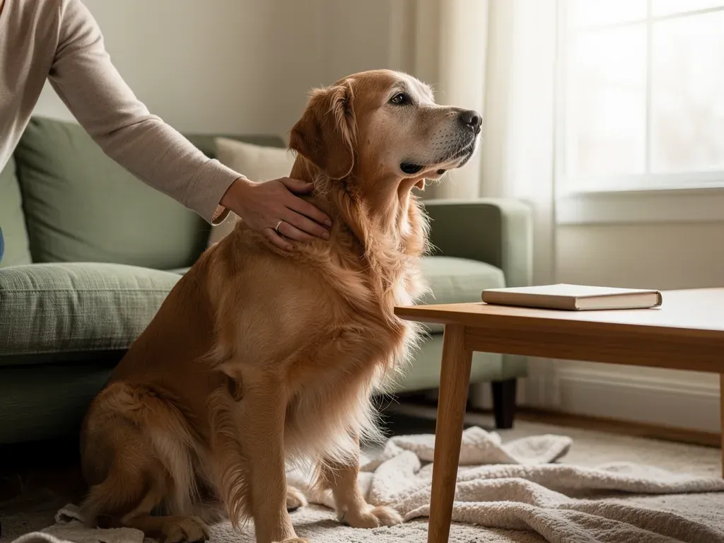 Illustration of an older golden retriever receiving gentle attention at home