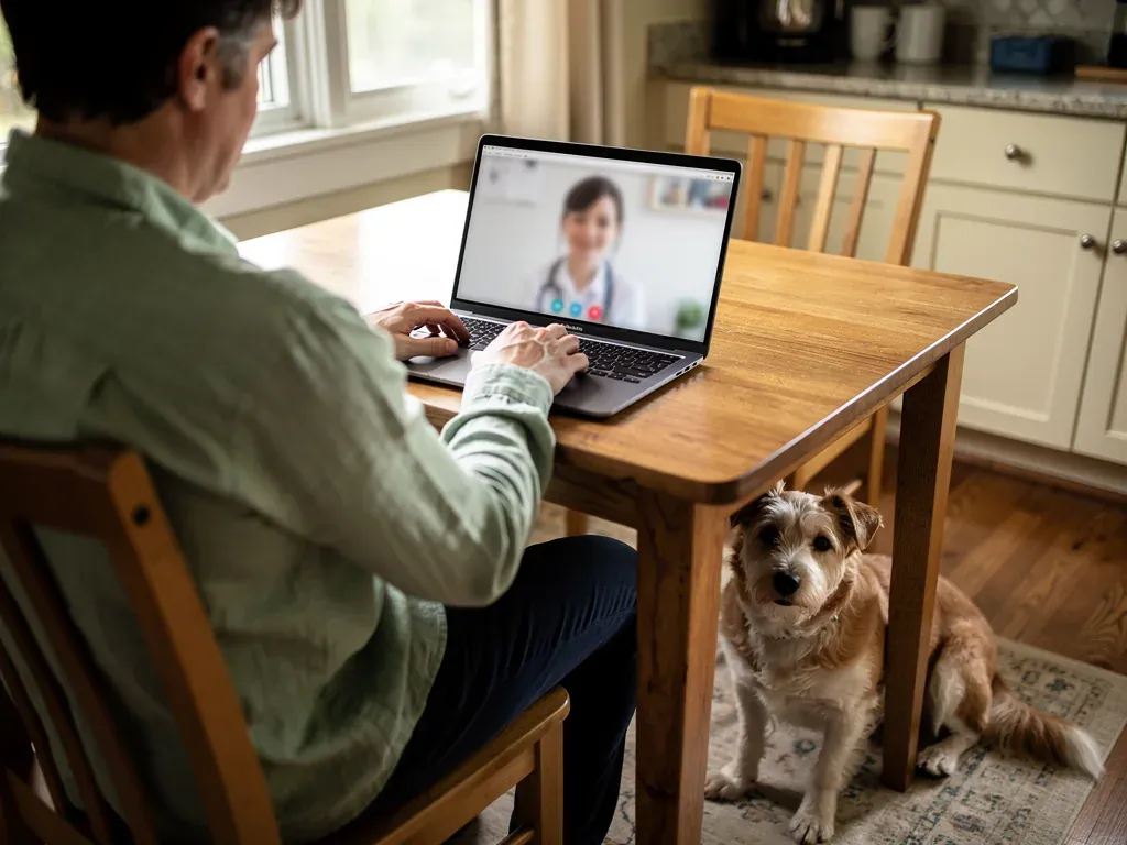 Illustration of a pet owner on a veterinary video call with a dog nearby