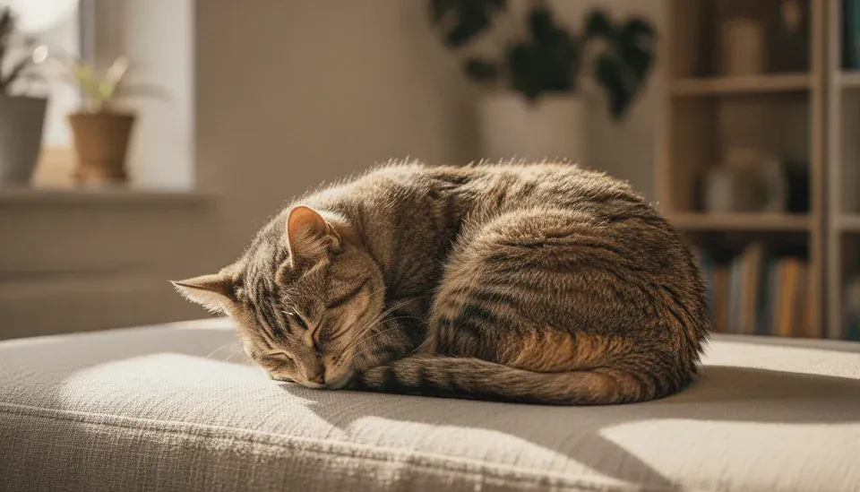 A senior tabby cat curled on a sofa in afternoon light