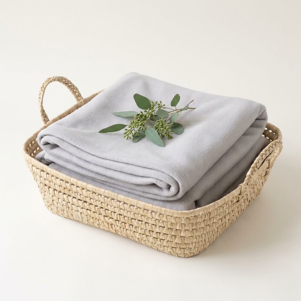 Panier doublé d’une couverture grise et eucalyptus